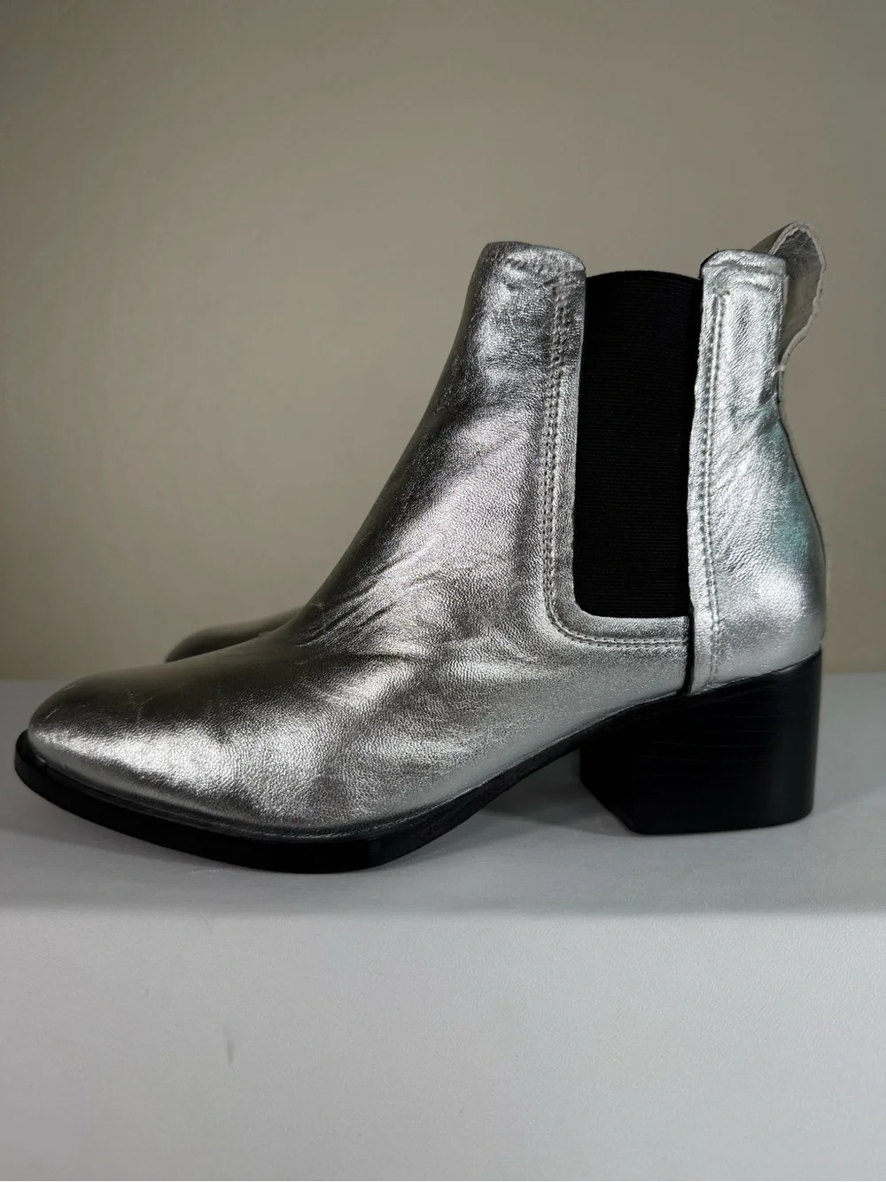 Rag & Bone Silver Metallic Block Heeled Chelsea Ankle Boots Booties Size 36.5